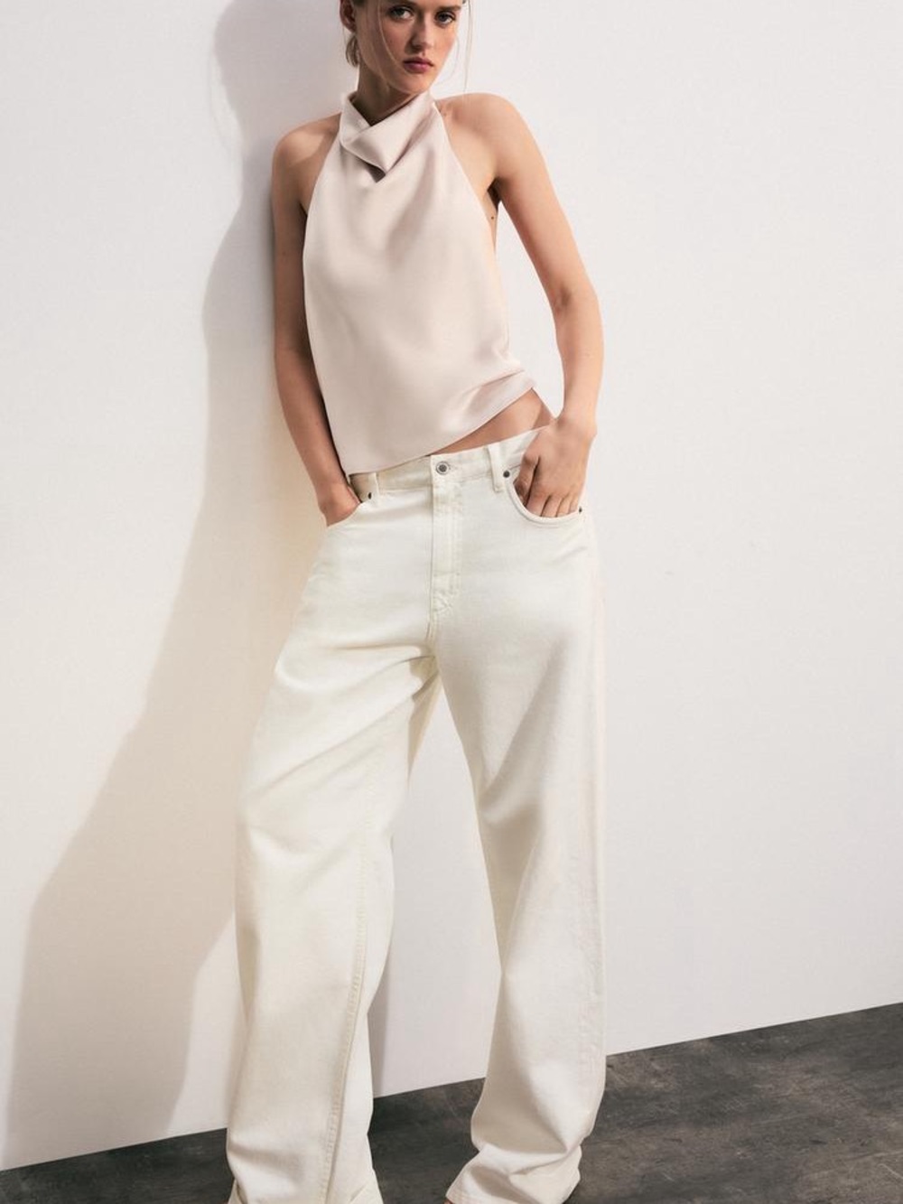 Zara Satin Halter Cowl Neck Top in Light Blush